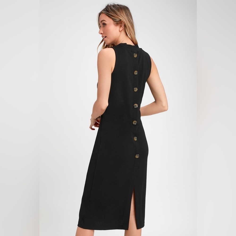 LuLus Tranquil Black Mock Neck Button-Back Midi Dress